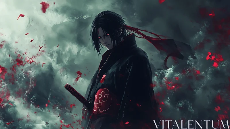 Brooding red-eyed swordsman in stormy crimson petal vortex