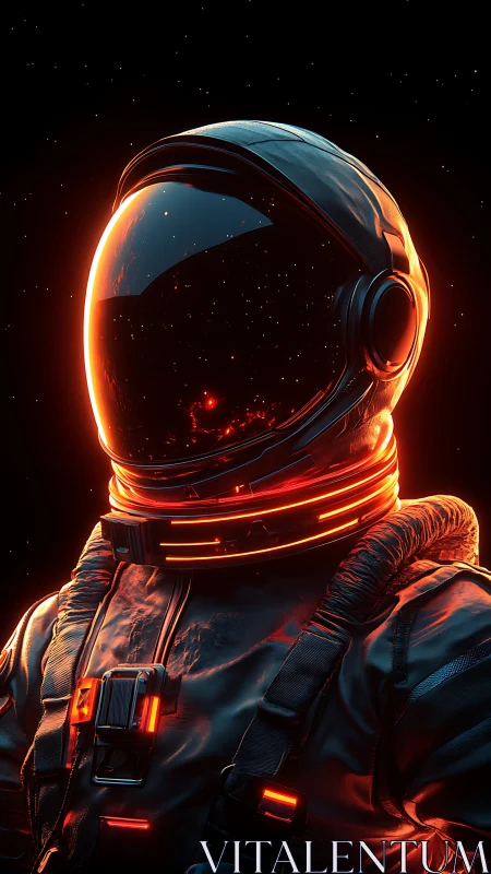 Illuminated astronaut suit with glowing red visor and trim.