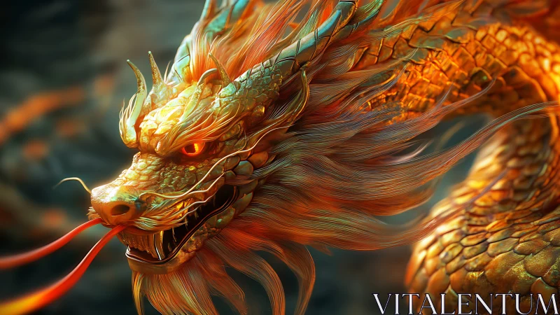 Golden dragon rises in glowing flame and swirling embers