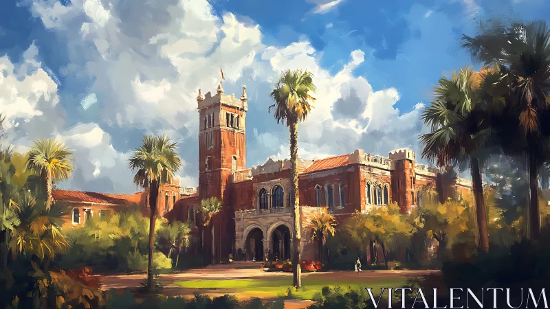 Sunlit red-brick campus tower amid swaying palm trees.