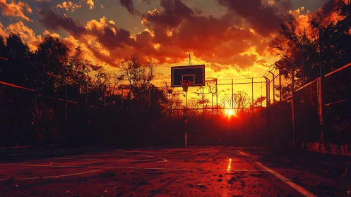 Outdoor fenced basketball court is shown at low sunset light