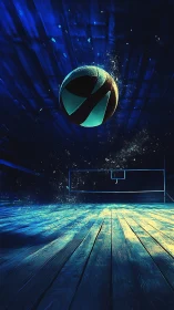Futuristic basketball court render with glowing cyan light.