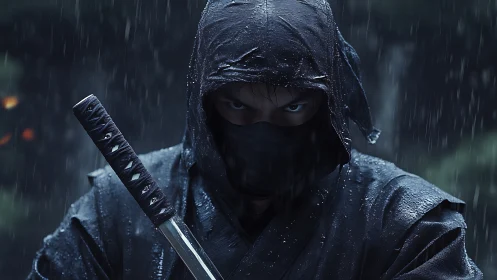 Steely-eyed ninja in rain-soaked armor holds katana ready
