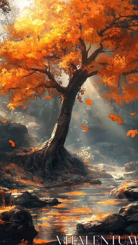 Autumn sentinel tree guarding a spell-lit forest stream.