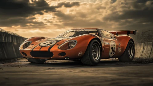 Retro orange race legend stalking thunder under stormlight.