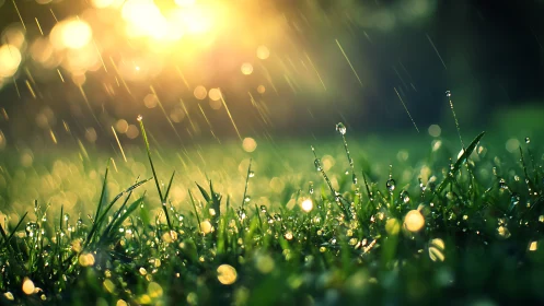 Macro rainfall on grass blades under intense backlighting.