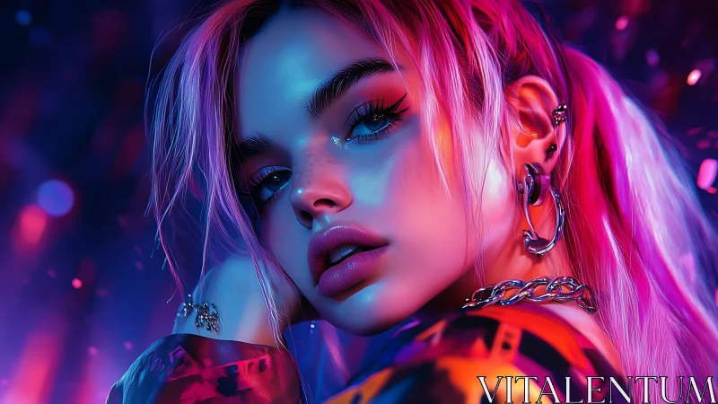 Neon lit portrait of stylized woman with pink hair profile.