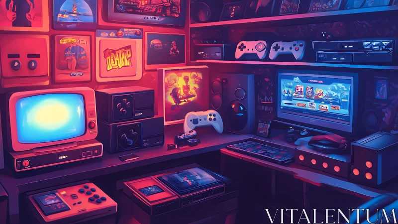 Retro-futuristic gaming den bathed in neon console glow.