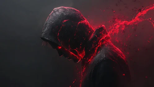 Hooded figure glowing with fierce red digital energy.