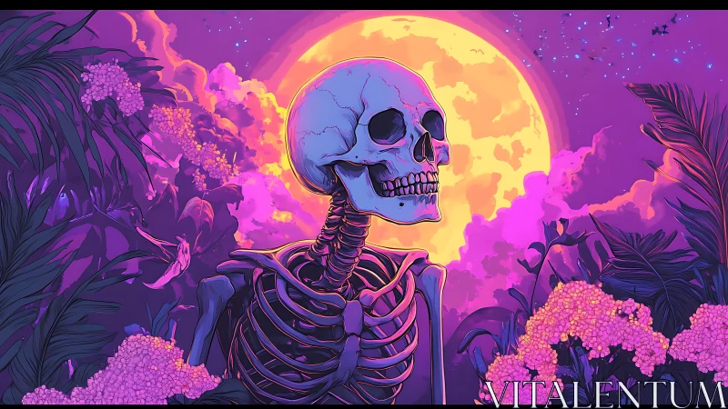 Human skeleton in tropical landscape under full moon.