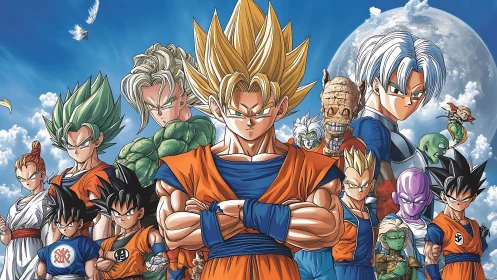 Legendary anime heroes stand united under a bold blue sky