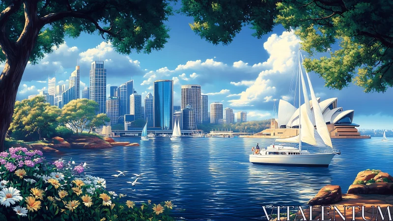 Sunlit harbor skyline with sailboats and stylized reflective water