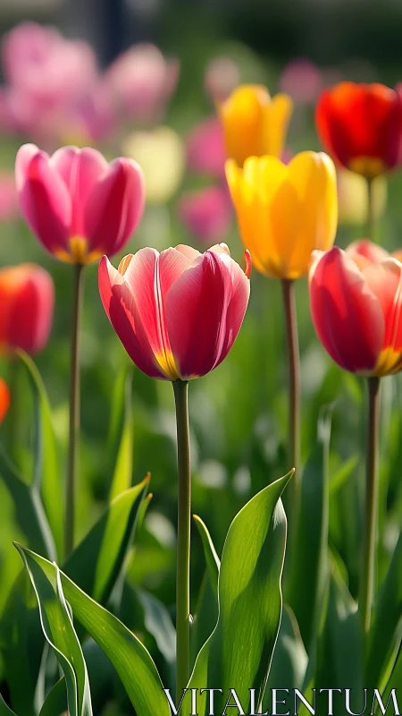 Tulips blooming in vivid primary colors with selective depth focus
