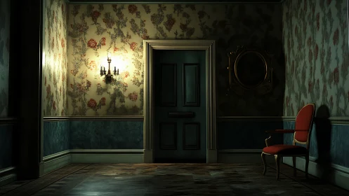 Dim hallway with closed teal door and single red chair.