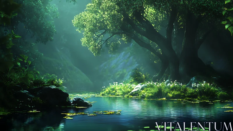 Tree-lined pond in shaded forest clearing at midday light.