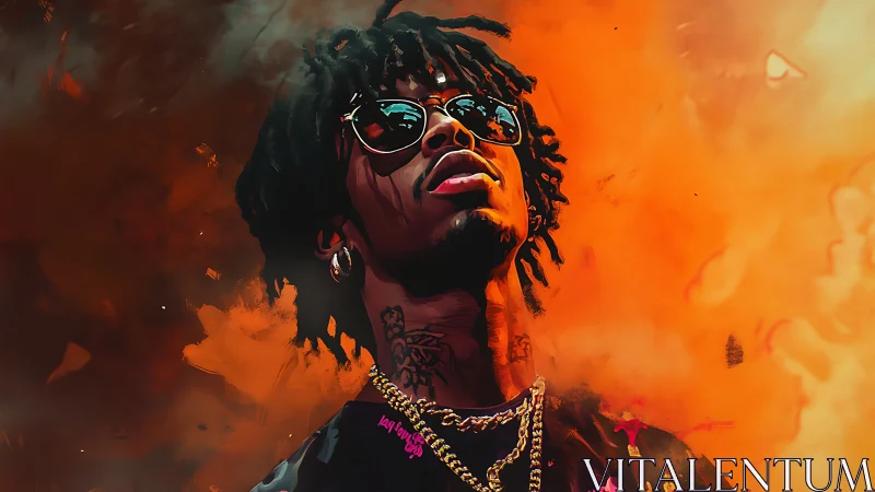 Portrait of a man in sunglasses against vivid orange smoke