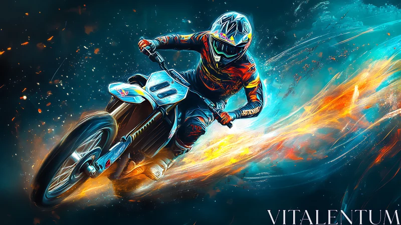 Flame-trail motocross rider carving light through neon night.