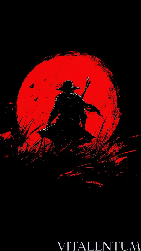 Lone gunslinger silhouette walks before blood red moon