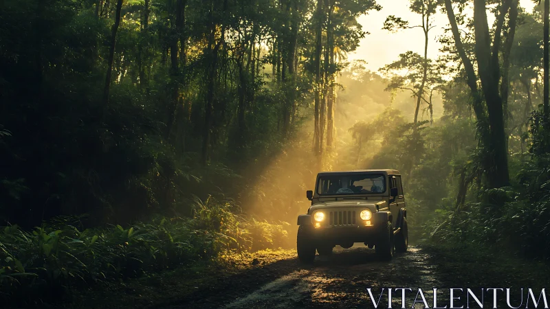 Off-road vehicle navigating dense forest with golden volumetric light