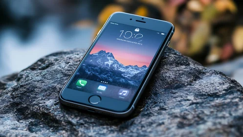 iPhone on Stone Surface with Mountain Sunset Display