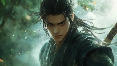 Storm-eyed swordsman stands ready in a misty forest light