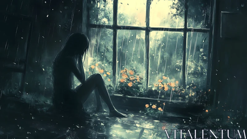 Silhouetted girl sits by rainy window facing glowing flowers