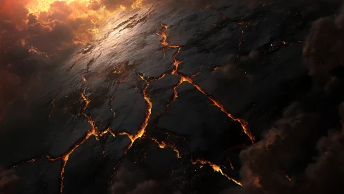 Volcanic planet crust with burning fracture network.