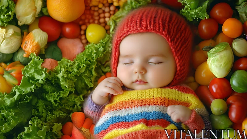 Cozy baby naps peacefully nestled among colorful fresh veggies