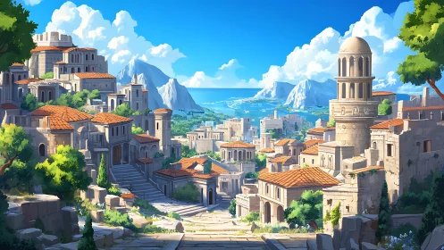 Sunlit stone terraces drift toward a glittering azure bay