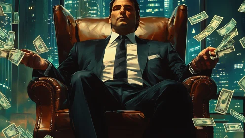 Power-suited magnate on leather throne amid flying banknotes