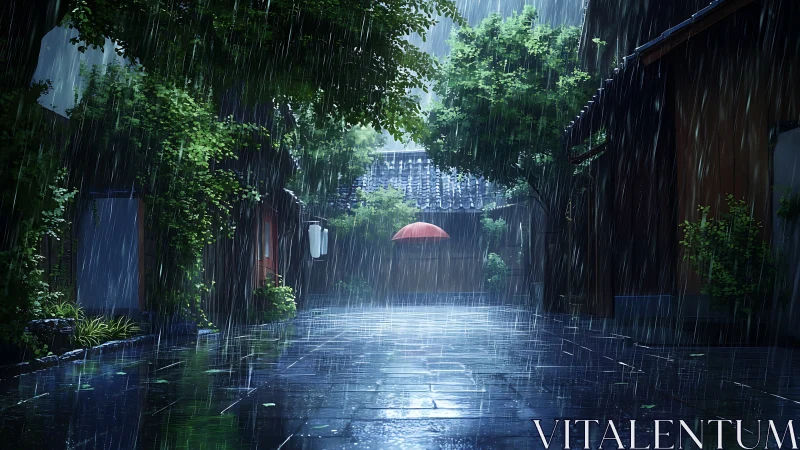 Digital painting of rainy alley with red umbrella focal point.