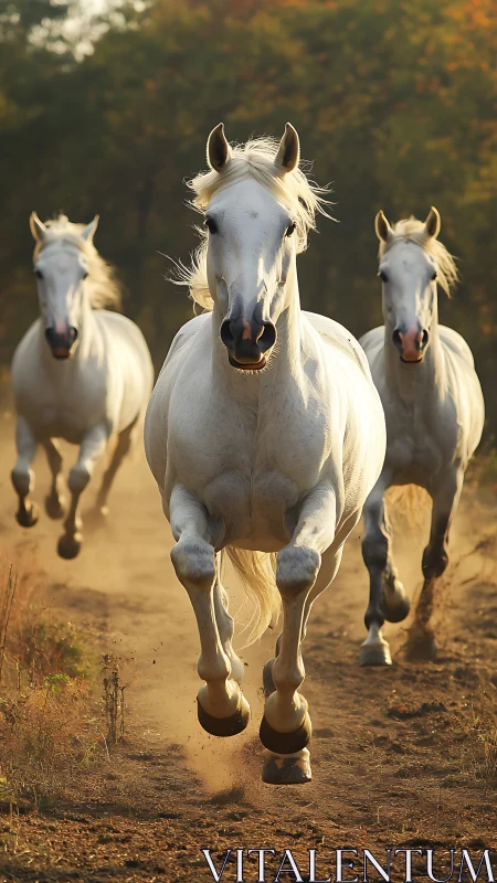 Galloping white horses in golden backlit dust trail charge