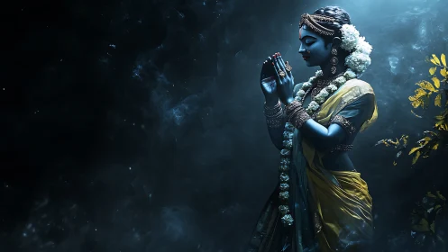 Divine blue goddess prays amid ethereal celestial mist.