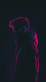 Neon-edge profile of hooded listener in dual-color rimlight.