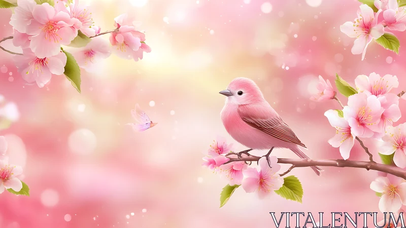 Blush feather serenade among sugar-soft cherry blooms.