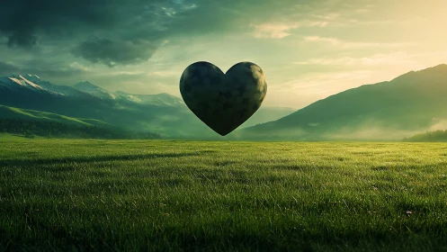 Black heart shape floating above mountain valley grassland