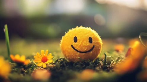 Fuzzy yellow smile ball rests among glowing meadow flowers.