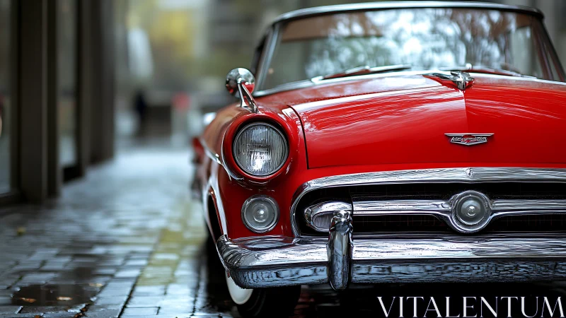Red classic convertible gleams on rain-soaked city street.