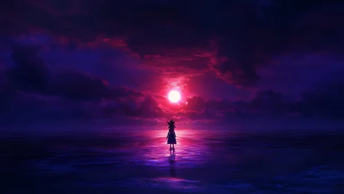 Silhouetted figure stands on reflective sea before red sun