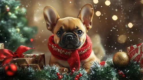 Small dog wearing red scarf sits among festive objects