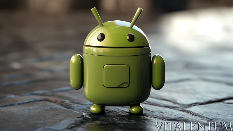 Glossy green robot mascot on cobblestone street.