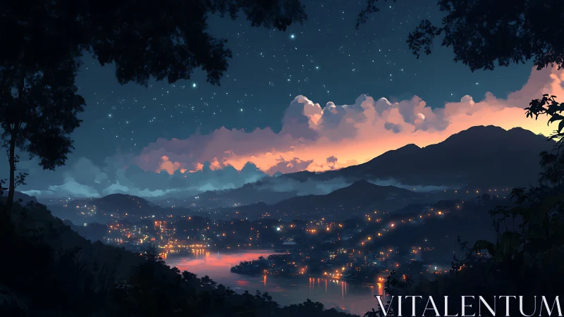 Twilight river valley cityscape under glowing star-filled sky.
