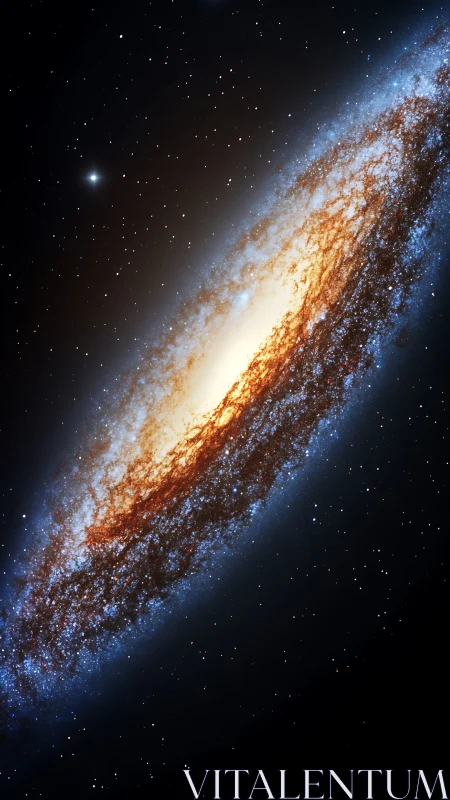 Spiral galaxy glows with golden core and blue star fields.