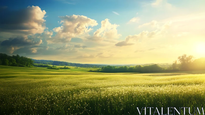 Sunlit meadow stretches toward distant tree line at sunset
