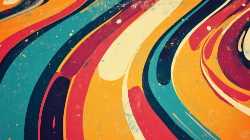 Retro sunriver swirlscape in loud teal, tangerine, and gold.