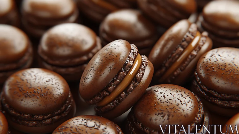 Velvet cocoa macarons gleam with ribbons of caramel glow.