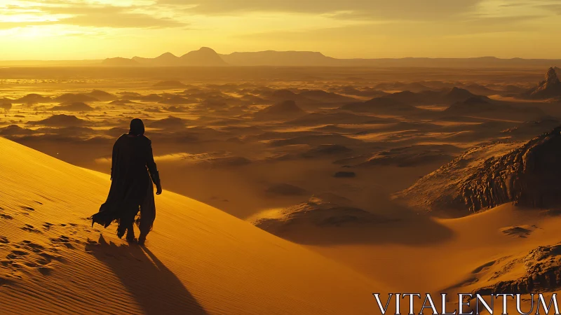 Lone wanderer strides through molten gold desert dusk.