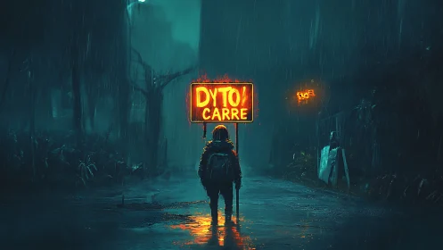 Lone wanderer under neon sign in rainy cyberpunk street.