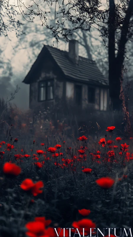 Foggy woodland cottage with scarlet poppy foreground field