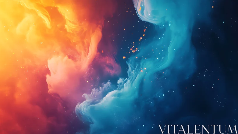 Cosmic nebula clash with vivid orange and blue clouds.